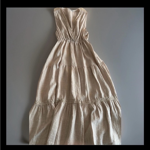 Elena Baldi Women's Tiered Boho A-line Tan Linen Dress with Lace Detail Size L - Picture 5 of 6